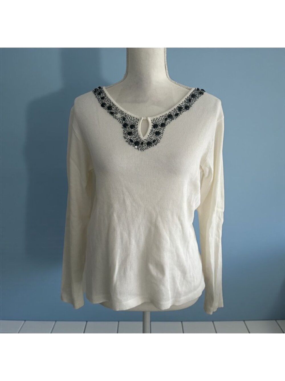 QUACKER FACTORY White Beaded Long Sleeve Top Size S